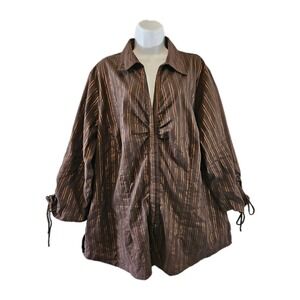 Cato Shirt Womens 22/24W Metallic Brown Orange Stripe Eye Hook Closure3/4 Sleeve